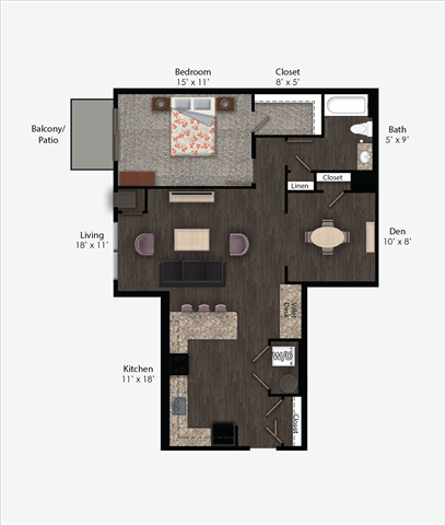 Floor plan for 1 bed, 1 bath, 969 sqft