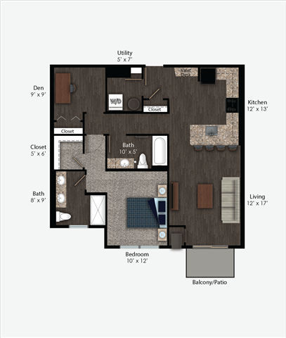 Floor plan for 1 bed, 2 baths, 953 sqft