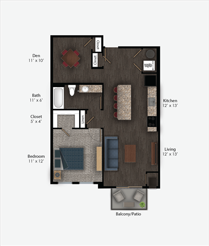 Floor plan for 1 bed, 1 bath, 815 sqft