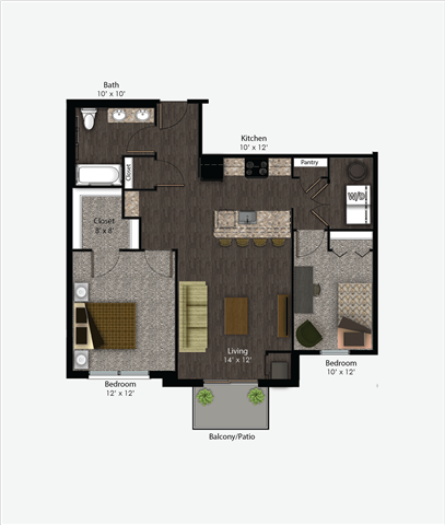 Floor plan for 2 beds, 1 bath, 939 sqft