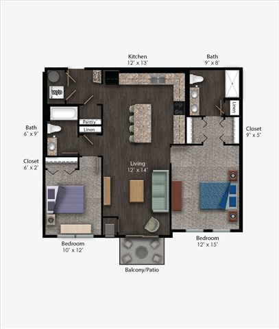 Floor plan for 2 beds, 2 baths, 1078 sqft
