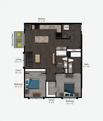 Floor plan for 2 beds, 2 baths, 1036 sqft