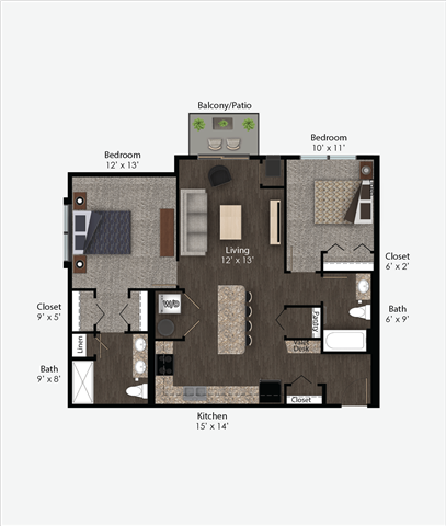 Floor plan for 2 beds, 2 baths, 1019 sqft