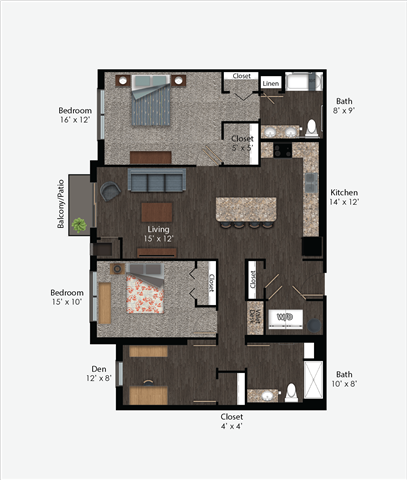 Floor plan for 2 beds, 2 baths, 1329 sqft