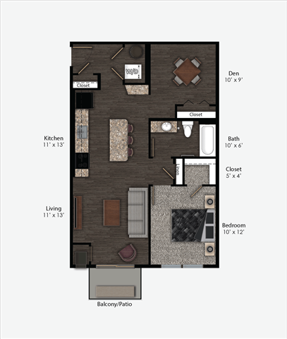 Floor plan for 1 bed, 1 bath, 793 sqft