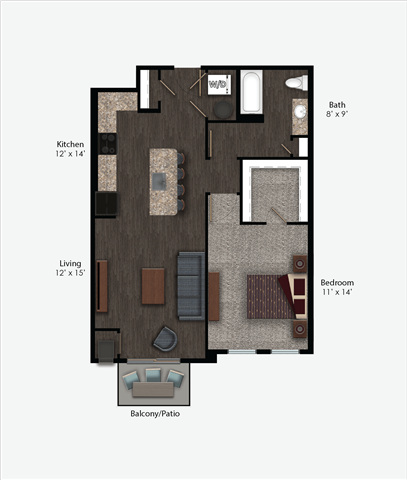 Floor plan for 1 bed, 1 bath, 794 sqft