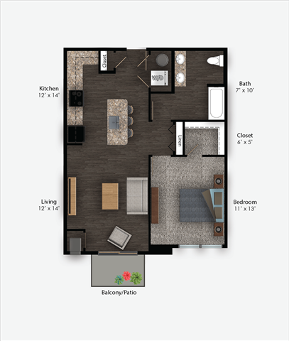 Floor plan for 1 bed, 1 bath, 758 sqft