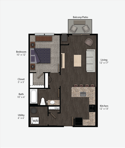 Floor plan for 1 bed, 1 bath, 723 sqft