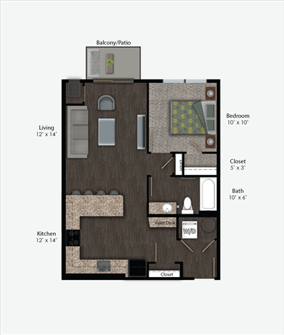 Floor plan for 1 bed, 1 bath, 689 sqft