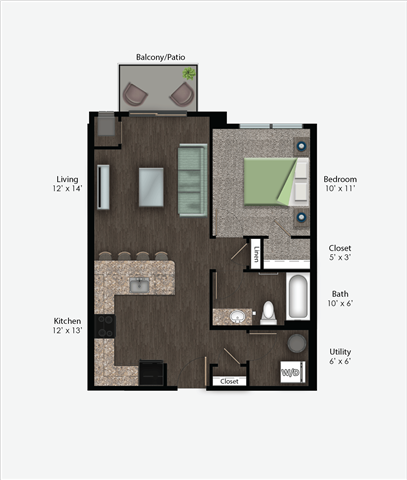 Floor plan for 1 bed, 1 bath, 647 sqft