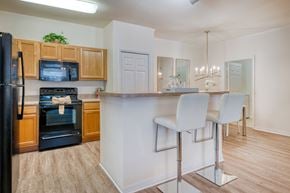 Port Orange apartment for rent - A kitchen with a black refrigerator, wooden cabinets, and a white countertop.