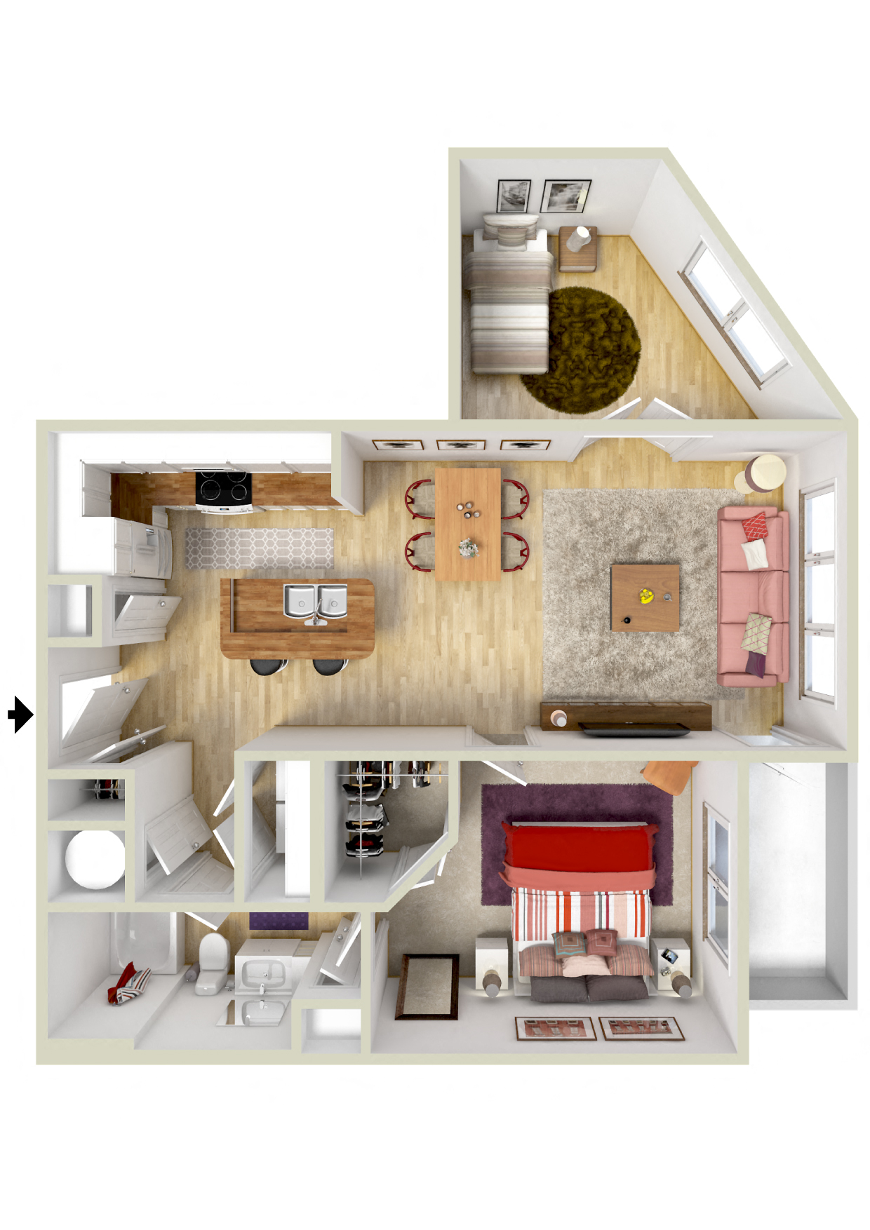 Floor plan for 1 bed, 1 bath, 953 sqft