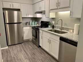 Auburn apartment for rent - Kitchen with stainless steel appliances, wood style flooring, and gooseneck faucet at The Avery at Auburn Apartments in Auburn, AL