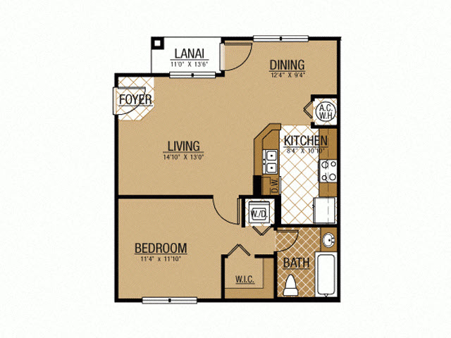 Floor plan for 1 bed, 1 bath, 669 sqft