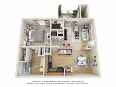 Floor plan for 1 bed, 1 bath, 701 sqft