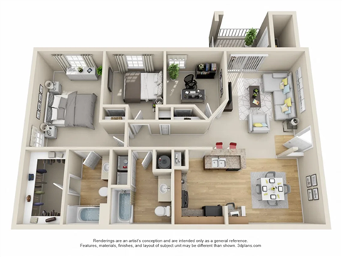 Floor plan for 3 beds, 2 baths, 1228 sqft