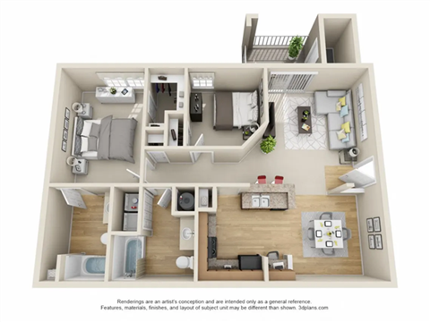 Floor plan for 2 beds, 2 baths, 987 sqft