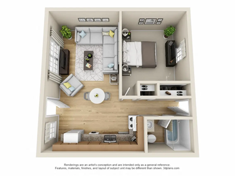 Floor plan for 1 bed, 1 bath, 535 sqft