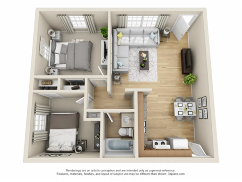 Floor plan for 2 beds, 1 bath, 683 sqft