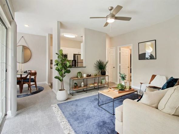 Raleigh apartment for rent - a living room with a white couch and a blue rug at The Enclave at Crossroads, Raleigh