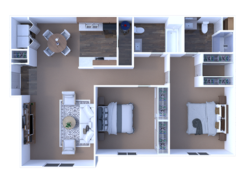 Floor plan for 2 beds, 2 baths, 965 sqft