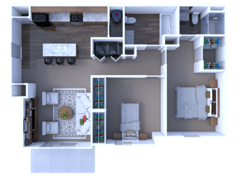 Floor plan for 2 beds, 2 baths, 957 sqft