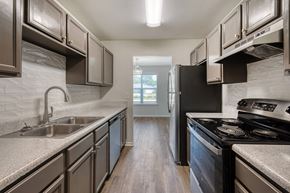 Tuscumbia apartment for rent - A kitchen with a black refrigerator and stove.