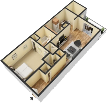 Floor plan for 1 bed, 1 bath, 720 sqft