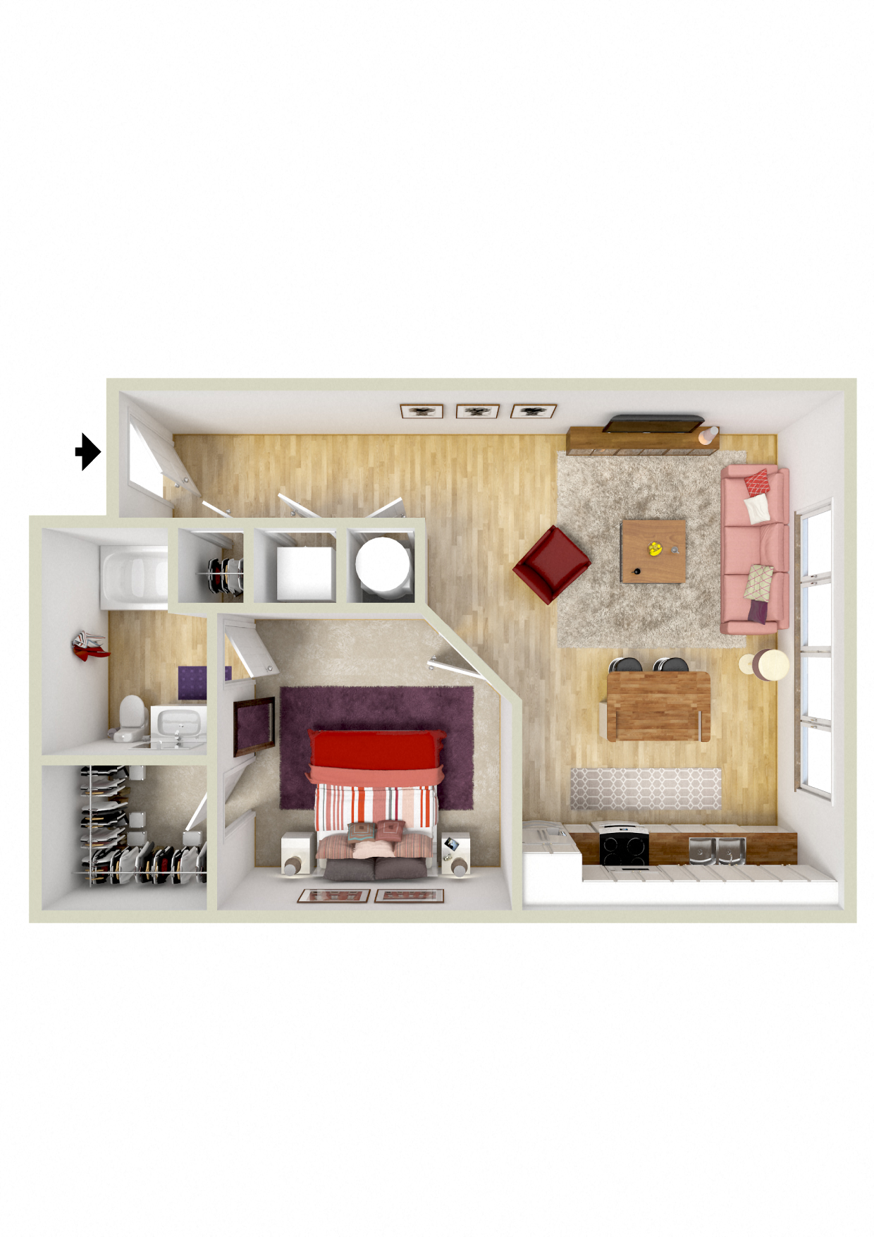 Floor plan for 1 bed, 1 bath, 656 sqft