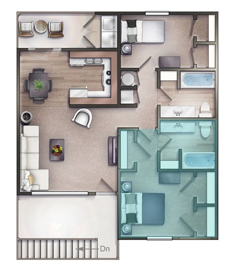 Floor plan for 2 beds, 2 baths