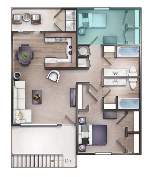 Floor plan for 2 beds, 2 baths