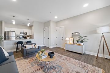 Foley apartment for rent - A modern living room with a grey sofa, a round table with a plant on it, and a white cabinet with a lamp on top.