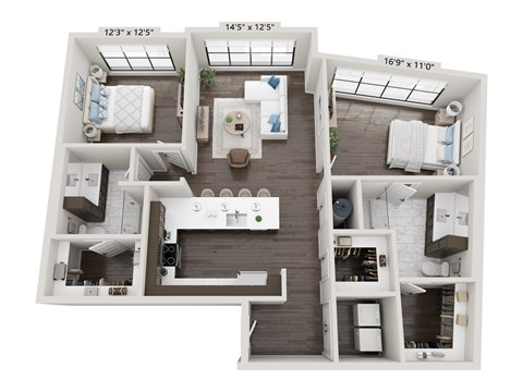 Floor plan for 2 beds, 2 baths, 1382 sqft