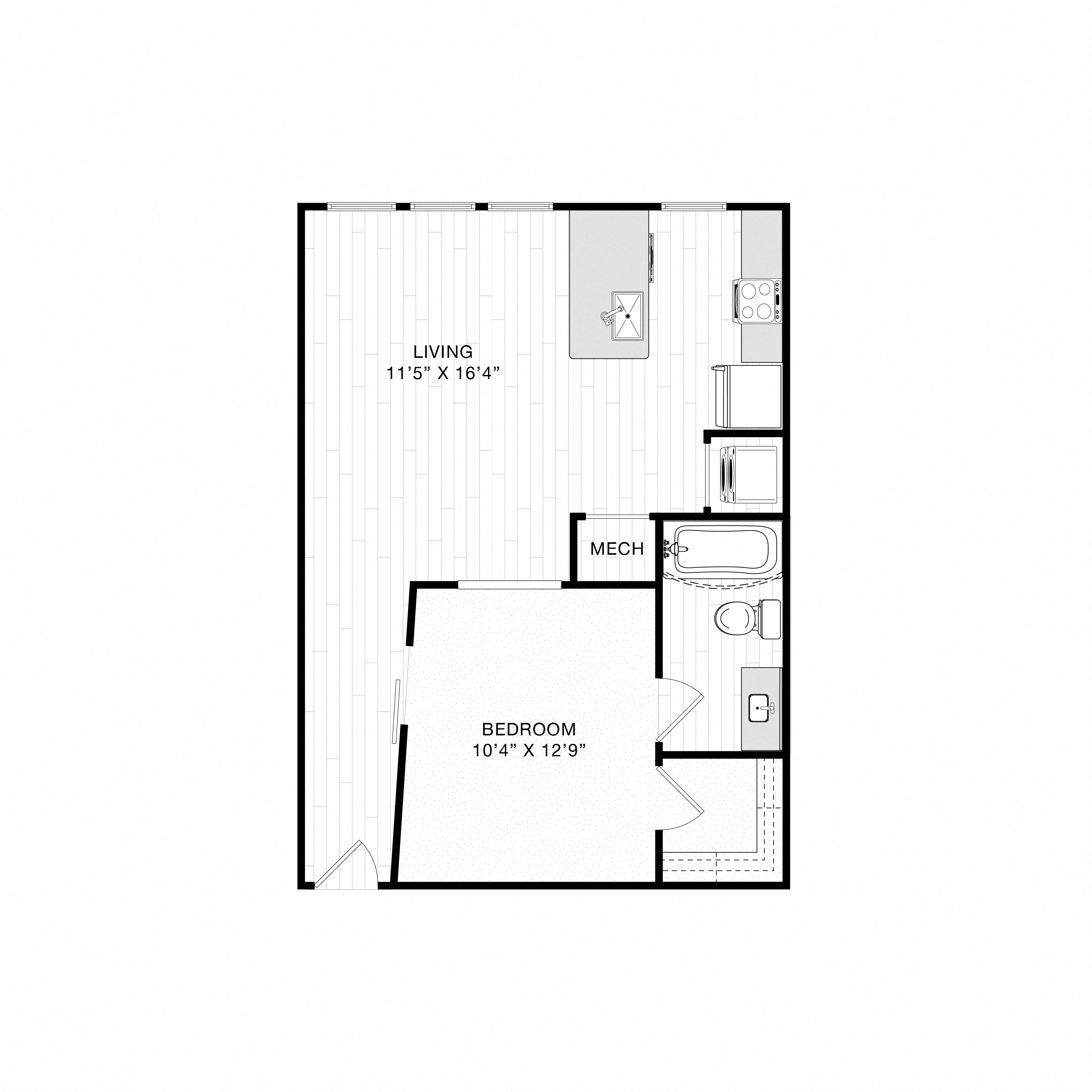 Floor plan for studio, 1 bath, 688 sqft