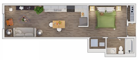 Floor plan for 1 bed, 1 bath, 566 sqft