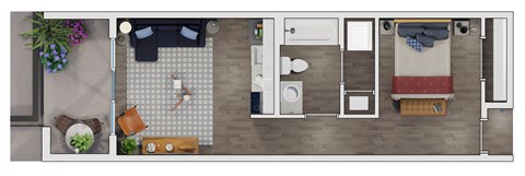 Floor plan for 1 bed, 1 bath, 577 sqft