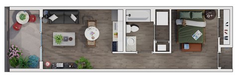Floor plan for 1 bed, 1 bath, 577 sqft