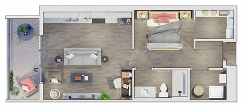 Floor plan for 1 bed, 1 bath, 723 sqft