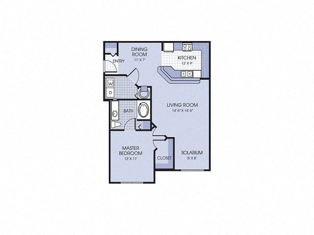 Floor plan for 1 bed, 1 bath, 907 sqft