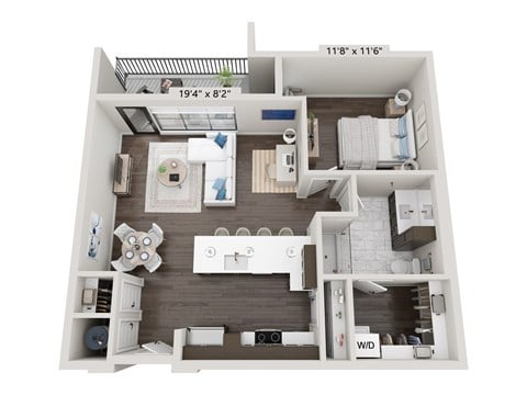 Floor plan for 1 bed, 1 bath, 876 sqft