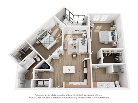 Floor plan for 2 beds, 2 baths, 1261 sqft