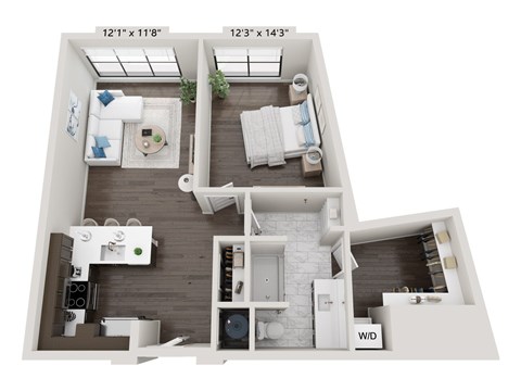 Floor plan for 1 bed, 1 bath, 836 sqft