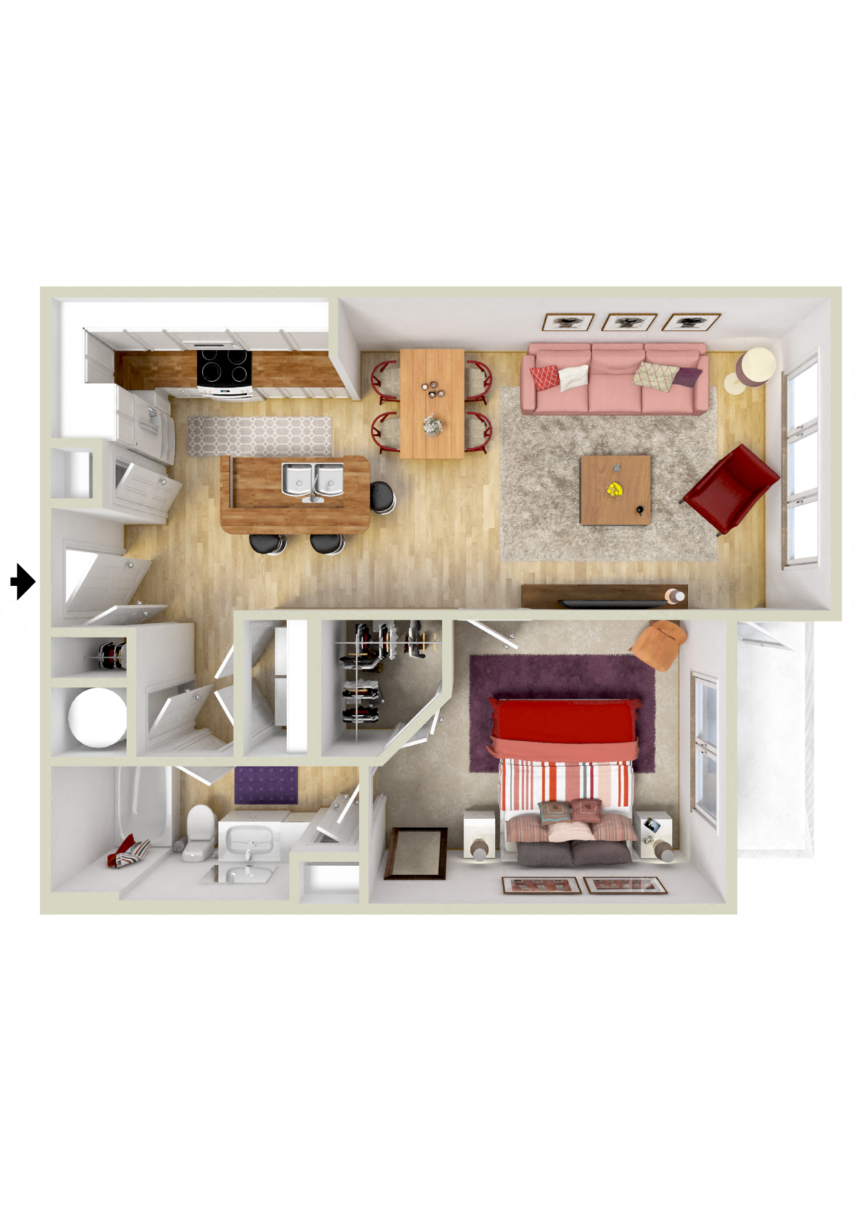 Floor plan for 1 bed, 1 bath, 824 sqft