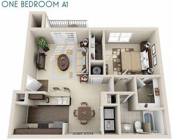 Floor plan for 1 bed, 1 bath, 734 sqft