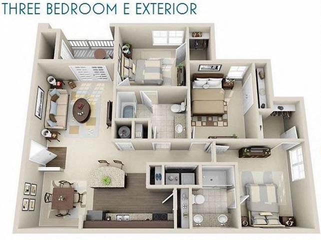 Floor plan for 3 beds, 2 baths, 1276 sqft