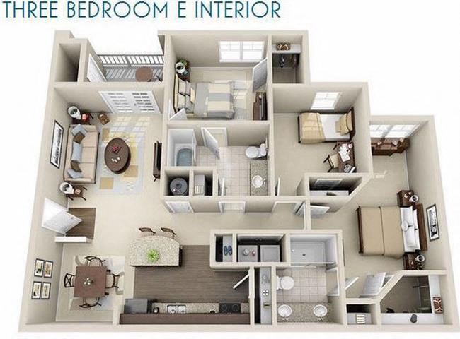 Floor plan for 3 beds, 2 baths, 1279 sqft