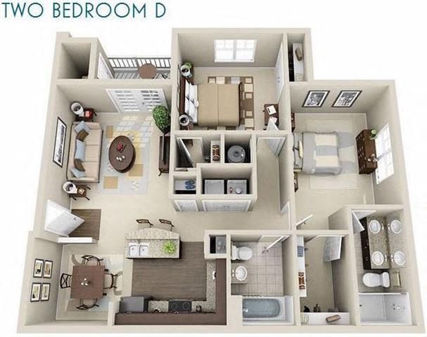 Floor plan for 2 beds, 2 baths, 1052 sqft