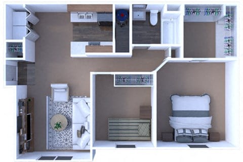 Floor plan for 2 beds, 1 bath, 933 sqft