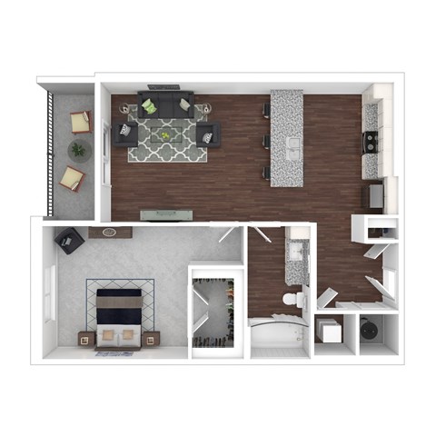 Floor plan for 1 bed, 1 bath, 635 sqft