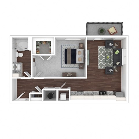 Floor plan for 1 bed, 1 bath, 631 sqft